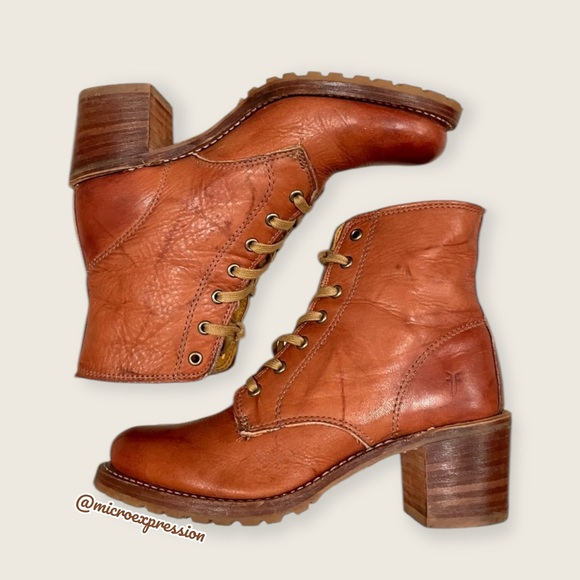 RARE Frye Sabrina 6G Lace Up Genuine Cognac Leather Classic Combat Ankle Boots - Picture 9 of 16